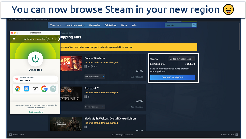 A screenshot showing a Steam store shopping card with the region change applied