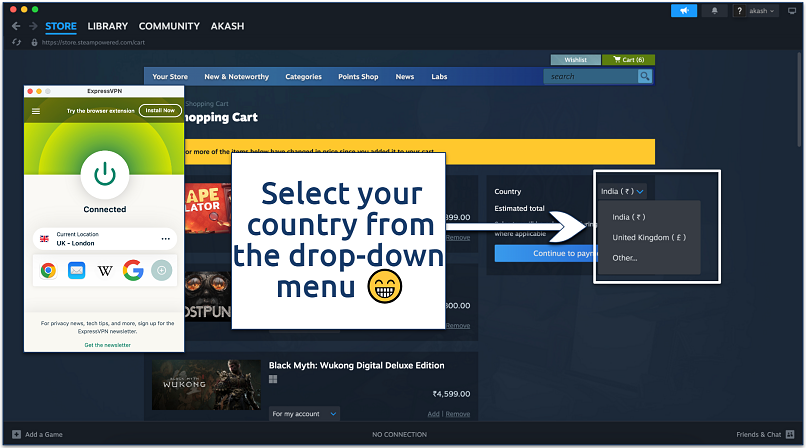 Screenshot showing region change option on Steam