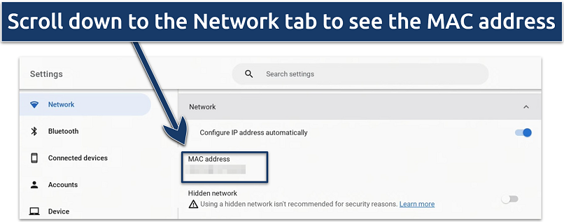 Screenshot showing Chromebook MAC address