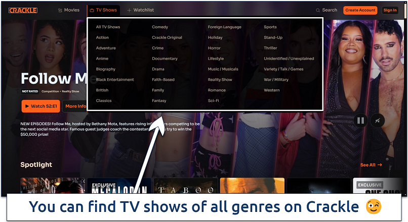 Screenshot of Crackle's homepage with TV shows categories