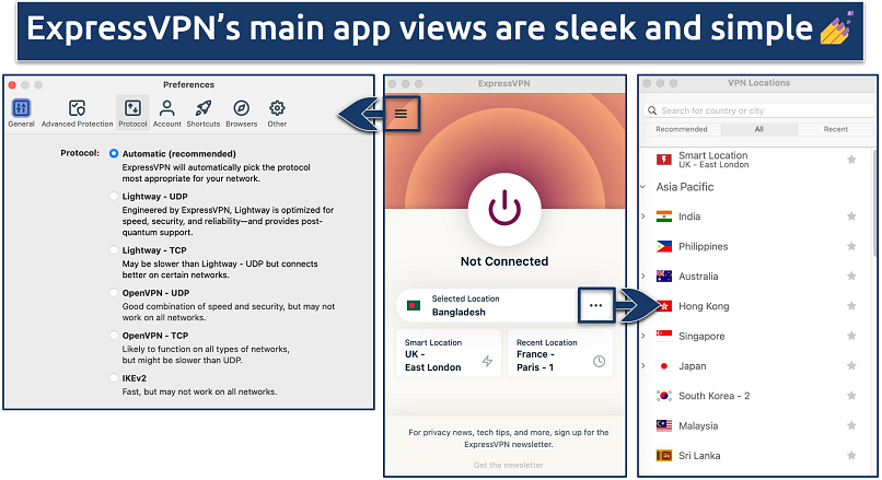 Screenshot of the 3 main app views with ExpressVPN