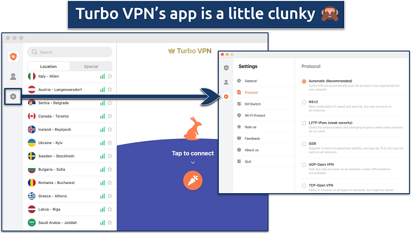 Screenshot of the regular app view and settings on Turbo VPN