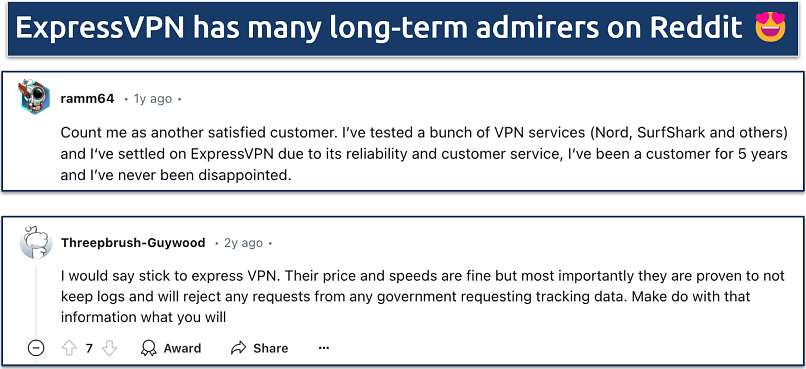 Screenshot of some positive posts for ExpressVPN on Reddit