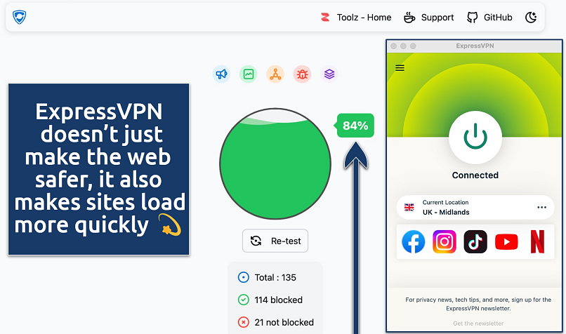 Screenshot of the ExpressVPN app over an online ad block test tool