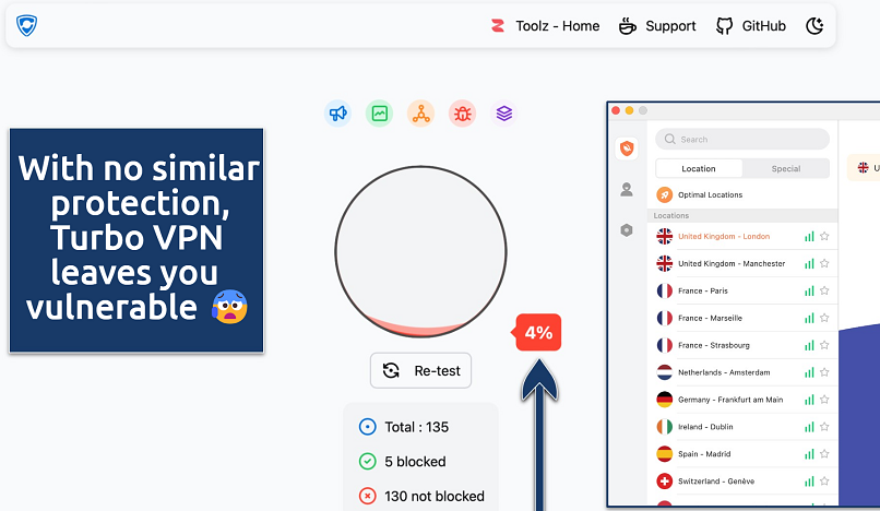 Screenshot of the Turbo VPN app over an online ad block test tool