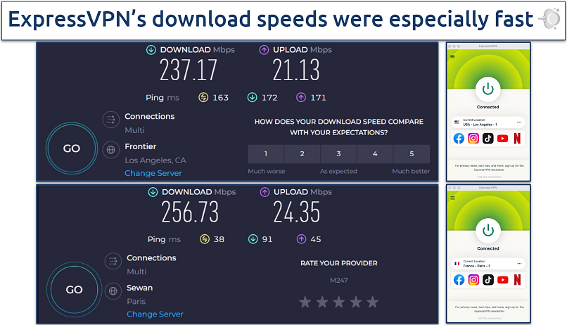 Screenshot of 2 speed tests with ExpressVPN