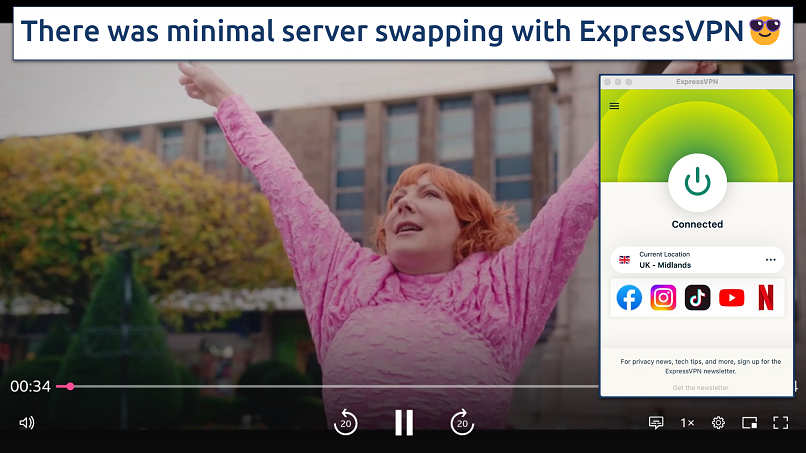 Screenshot of the ExpressVPN app over a browser streaming BBC iPlayer