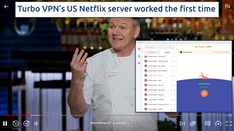 Screenshot of the Turbo VPN app over a browser streaming Netflix US