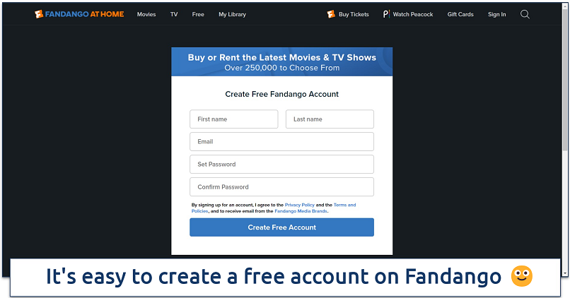 Screenshot of Fandango's signup process