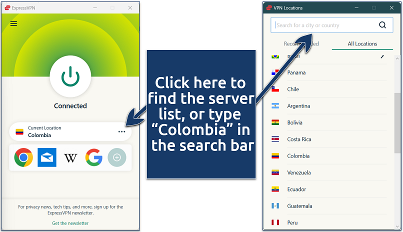Screenshot of ExpressVPN's Windows app connected to Colombia