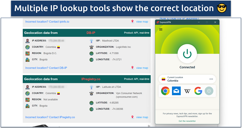 Screenshot of an IP checker while ExpressVPN is connected to Colombia