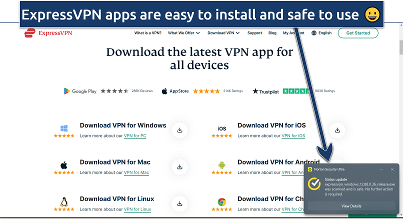 Screenshot of ExpressVPN's app download links to get a Colombia IP address on various devices