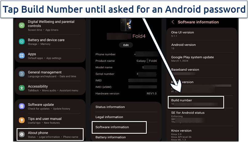 Screenshots showing enabling Developer Mode on Android