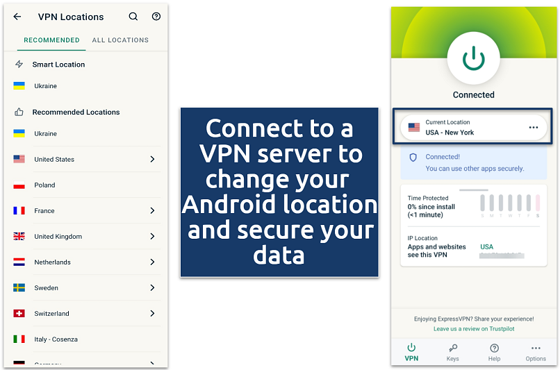 Screenshots showing ExpressVPN changing Android location