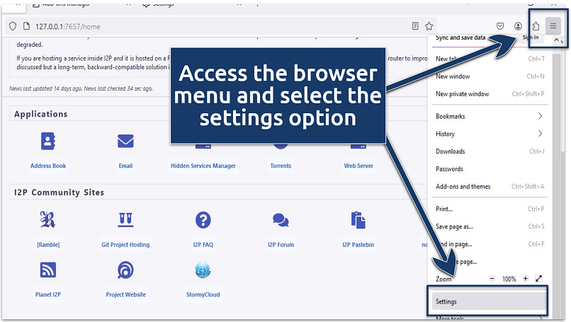 A screenshot showing the Firefox browser settings menu