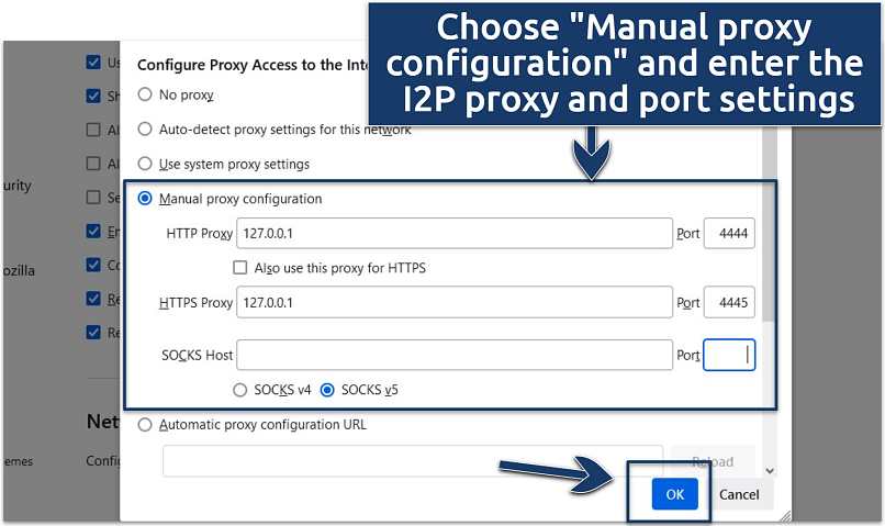 A screenshot showing the Firefox browser proxy settings section