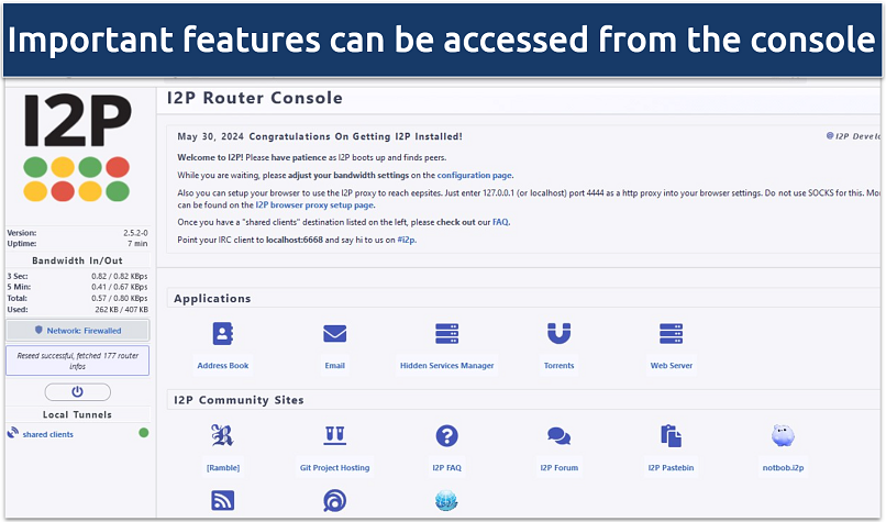 A screenshot showing the I2P router console