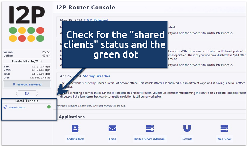 A screenshot showing the I2P Router Console successfully configured