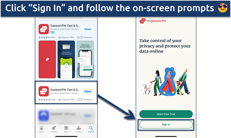 Screenshot of the ExpressVPN app login steps on iPhone