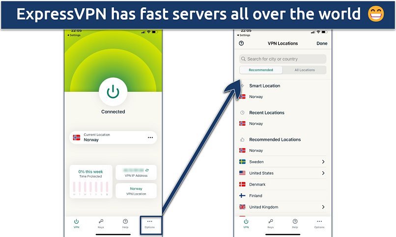 Screenshot of a server list in the ExpressVPN app