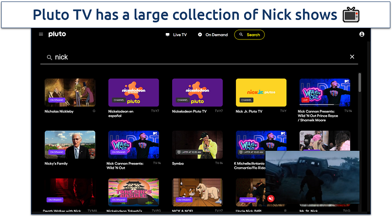 Screenshot of the Pluto TV webpage