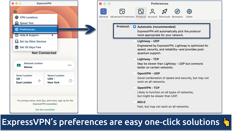 Screenshot of ExpressVPN's Protocol panel under Preferences