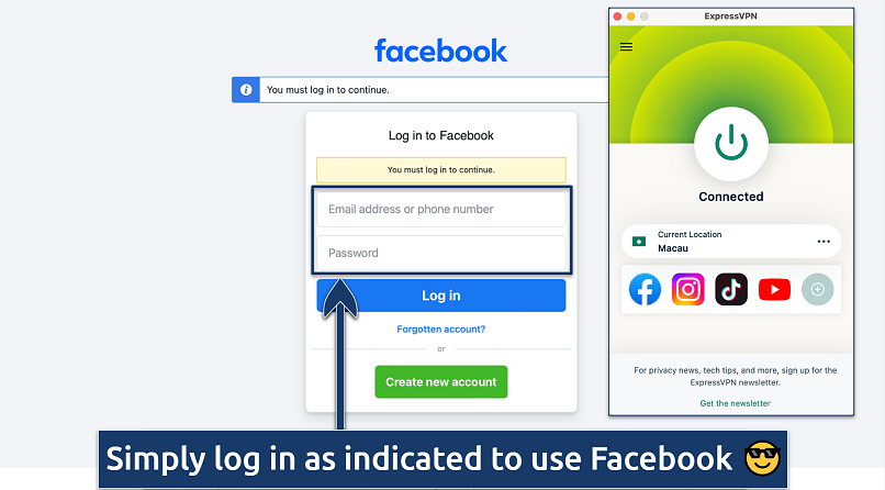 Screenshot showing the ExpressVPN app connected to a server in Macau over the Facebook login page