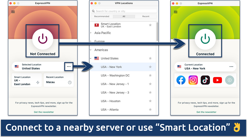 Screenshots showing how to connect to a server with ExpressVPN