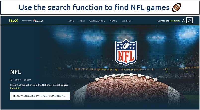 A screenshot showing NFL on demand on ITVX