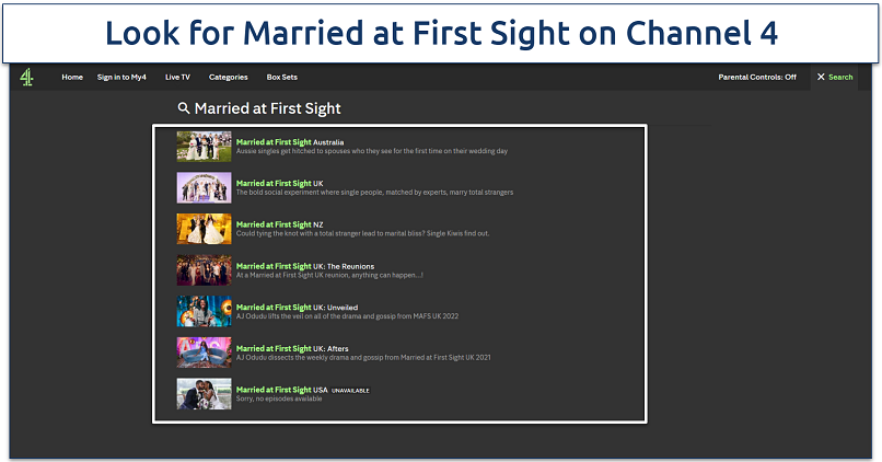 Screenshot of the search result of Married at First Sight in Channel 4