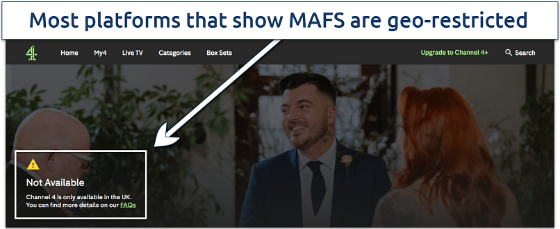 Screenshot of the error message on Channel 4 when you try to watch Married at First Sight from abroad