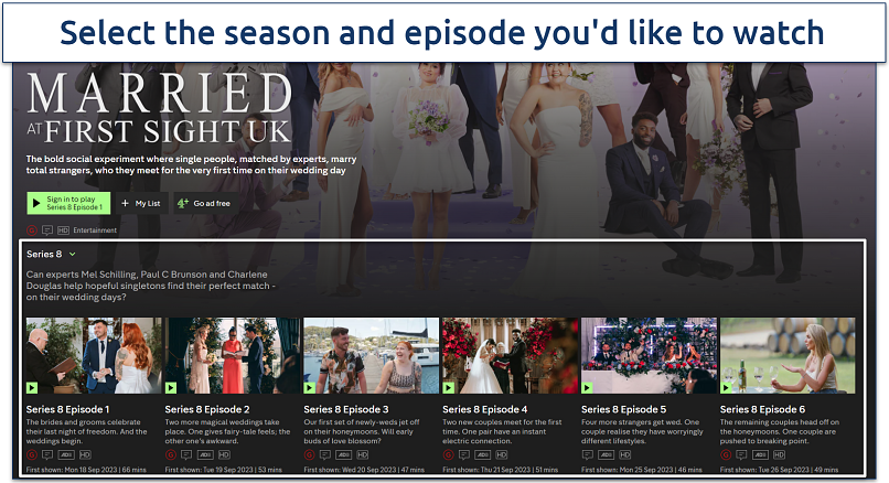 Screenshot of the episodes of Married at First Sight UK on Channel 4