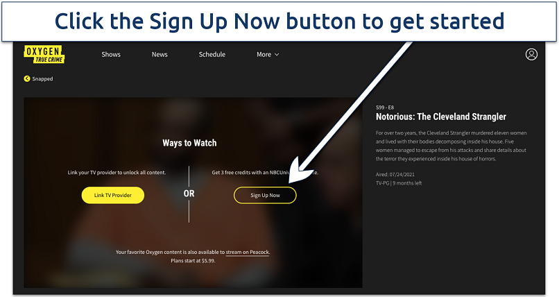 Screenshot of the Oxygen TV website showing where to sign up for free credits