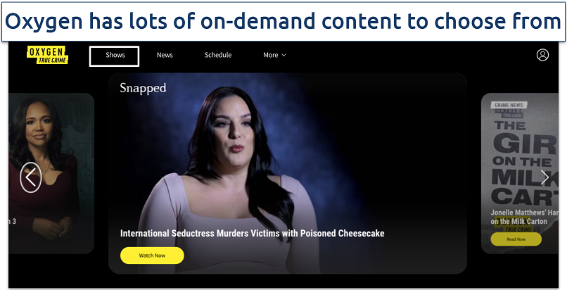 Screenshot of Oxygen True Crime TV website showing where you can find the channel's shows