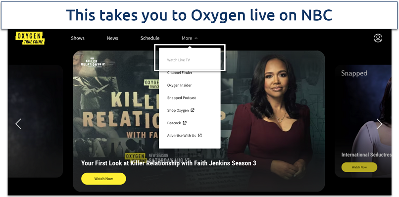 Screenshot of Oxygen TV's website showing how to find the Watch Live option