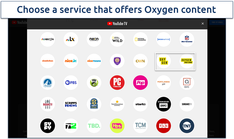 Screenshot of YouTube TV Oxygen selection page