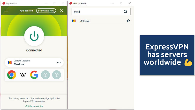 Screenshot of ExpressVPN connected to a server in Moldova to watch YouTube ad-free