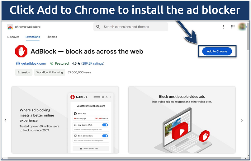 Screenshot of AdBlock on the Chrome Web Store with the 