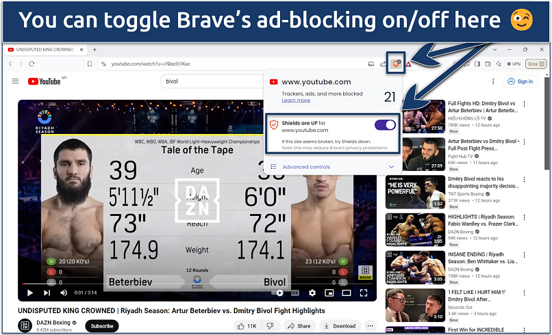 Screenshot of streaming DAZN Boxing on YouTube without ads using the Brave browser