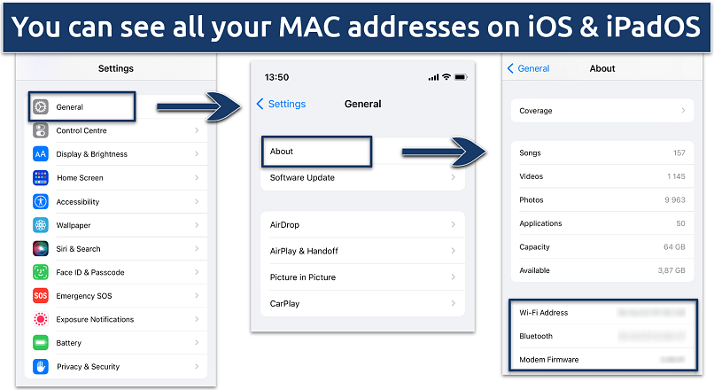 Screenshot showing MAC address for all NICs on iOS