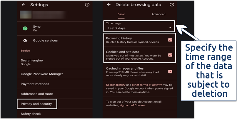 Screenshot showing Android cookies removal on Chrome