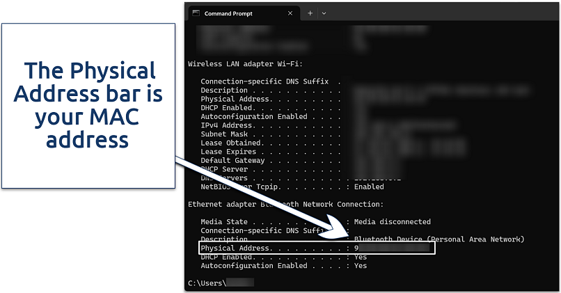 Screenshot showing MAC address for a Ethernet adapter