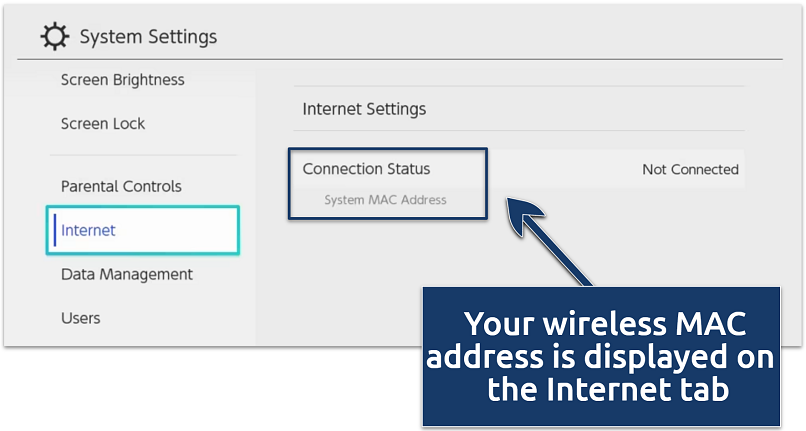 Screenshot showing system MAC address on Nintendo Switch