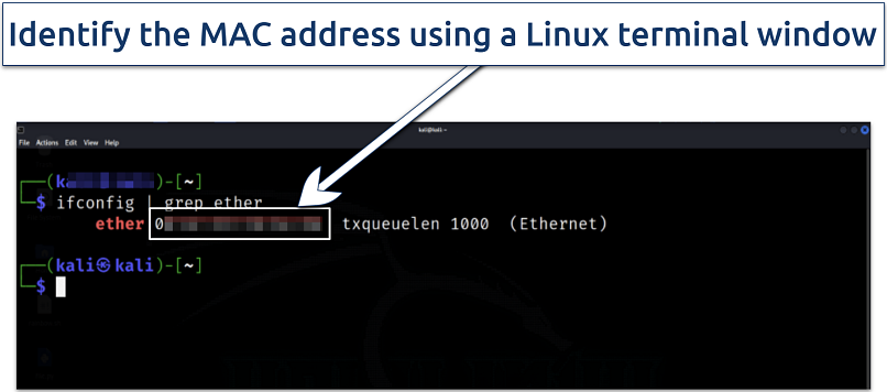 Screenshot showing Linux terminal with a MAC address