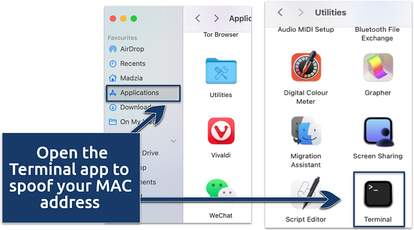 Screenshot showing MAC address Terminal app on Mac