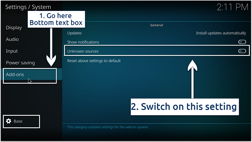 A screenshot showing the need to toggle Unknown Sources to ON to allow installation of third-party Kodi addons and repositories. 