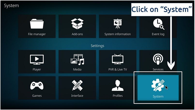 A screenshot showing Kodi's System box that takes you to the add-on area