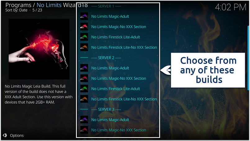 A screenshot showing showing available No Limits Builds