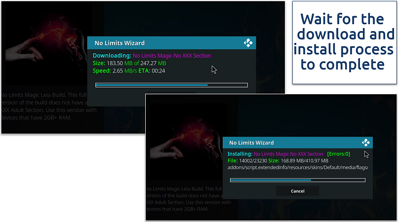 A screenshot showing No Limits Build download and install process