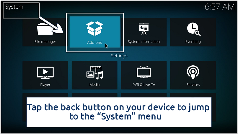 A screenshot of the Kodi System menu highlighting the Add-ons option among the available choices.